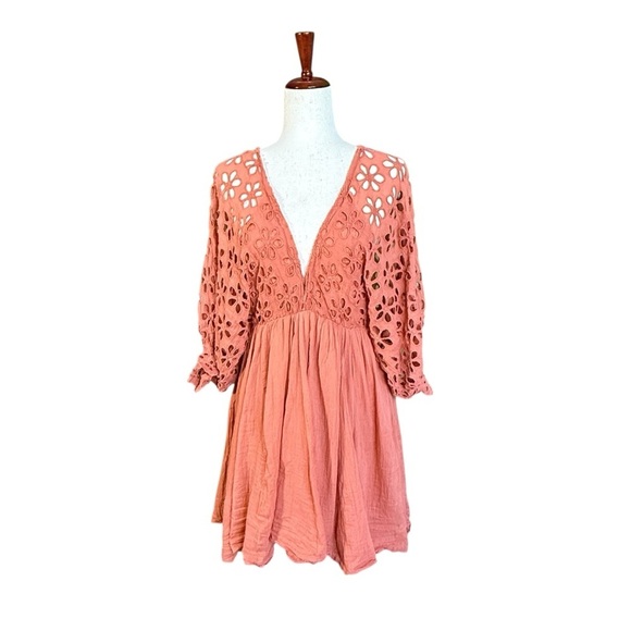 Free People Bella Note Eyelet Mini Lined Flutter Dress. Terracotta Size S #1877 - Picture 4 of 9